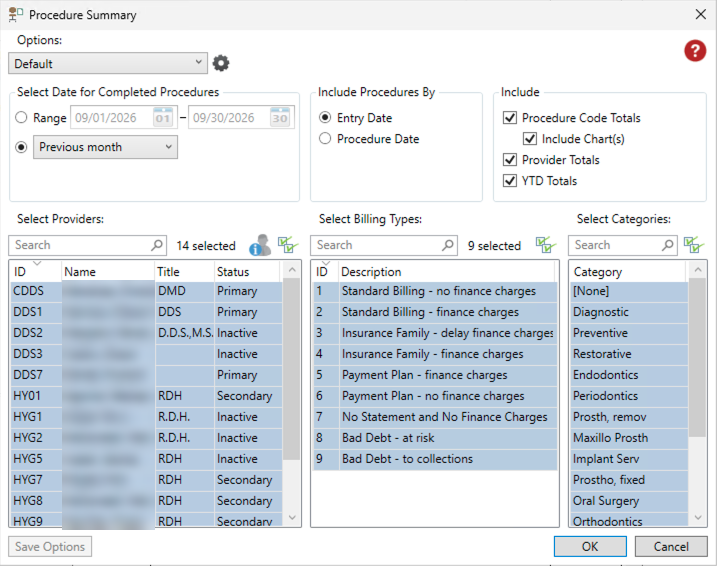 Dentrix Procedure Summary options dialog