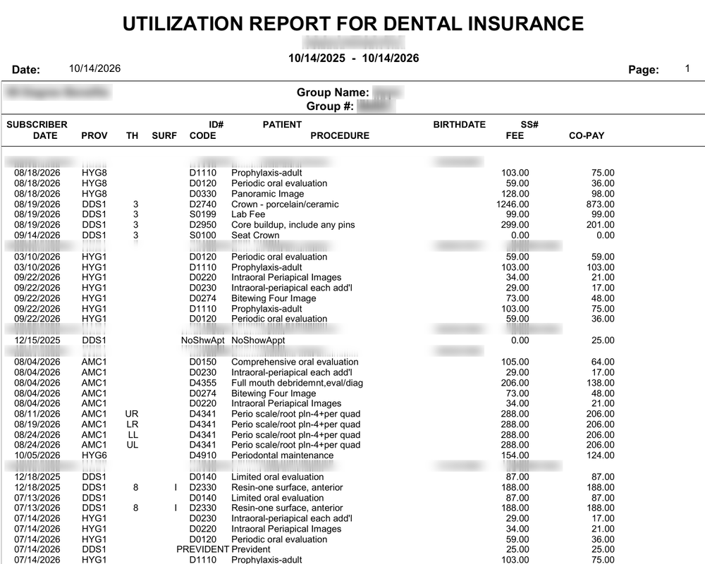 Dentrix Utilization Report for Dental Insurance