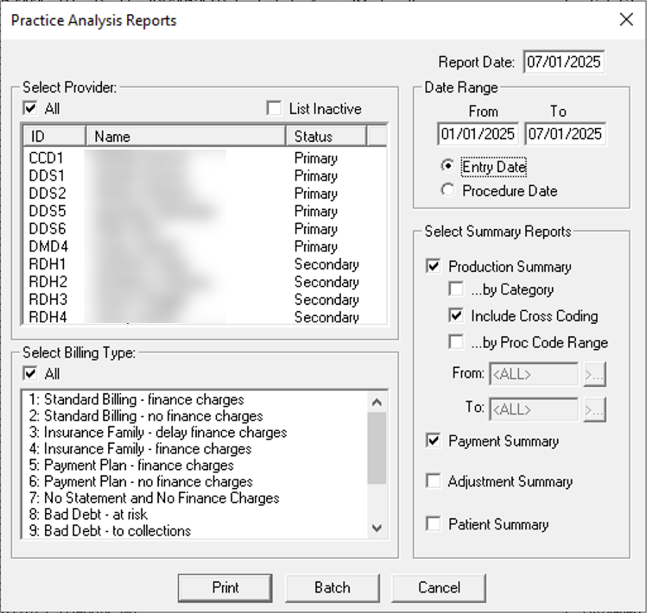 Practice Analysis Reports Dialog to generate per-procedure code revenue